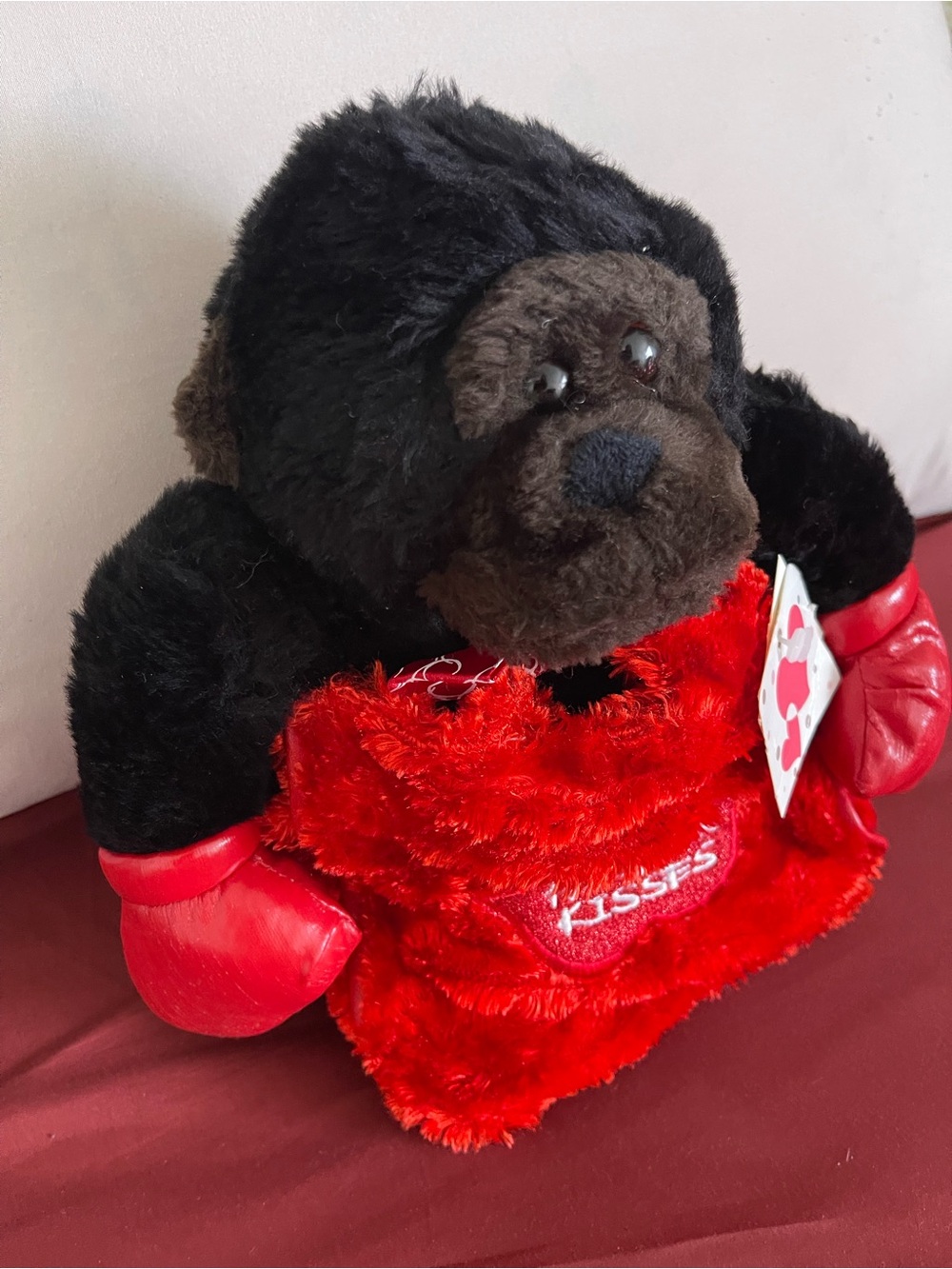 Plush Black Bear with Red Boxing Gloves and Red Heart Vest - Kisses like New